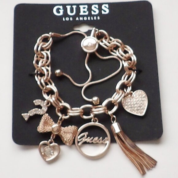 Guess Rose Gold Colored Charm Bracelet Adjustable Heart Tassel Question Mark NWT - Picture 5 of 5